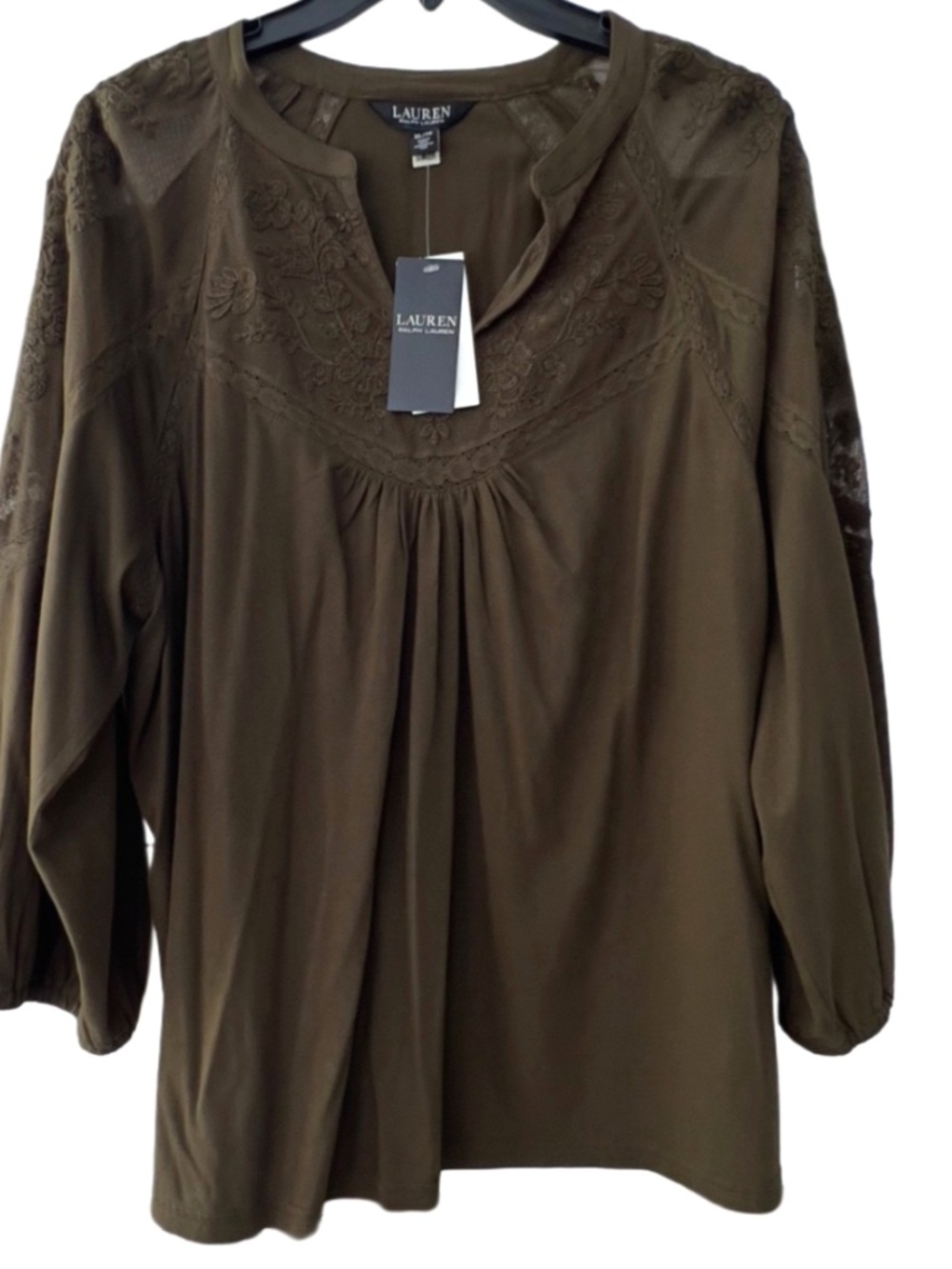 NEW! Ralph Lauren Lace Top Blouse Pull-On Sheer Green relaxed fit Women's XL